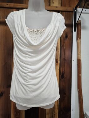 Express Cream Draped Cowl Neck Sequin Inset Top